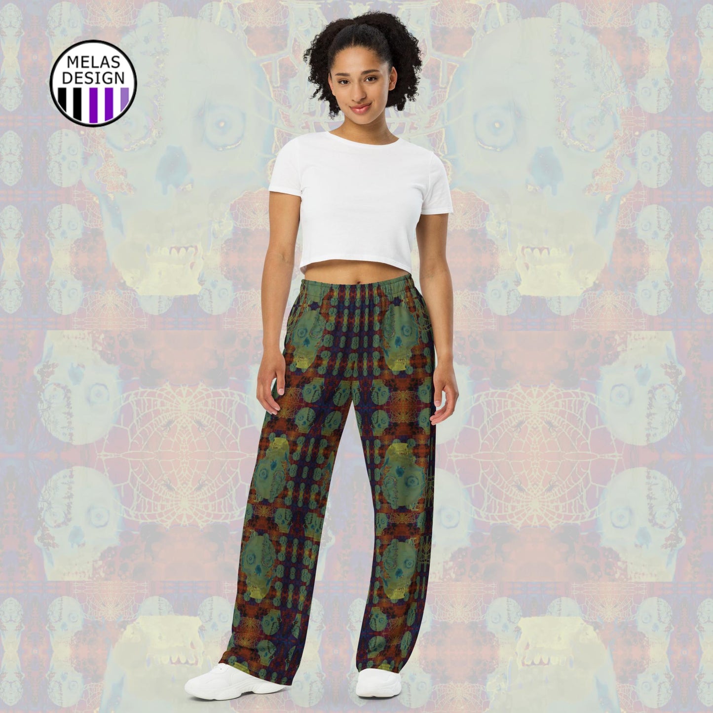 Glowing Skulls wide leg pants; gothic; goth; horror; skull pattern; Melasdesign; witchy gothic clothes collection