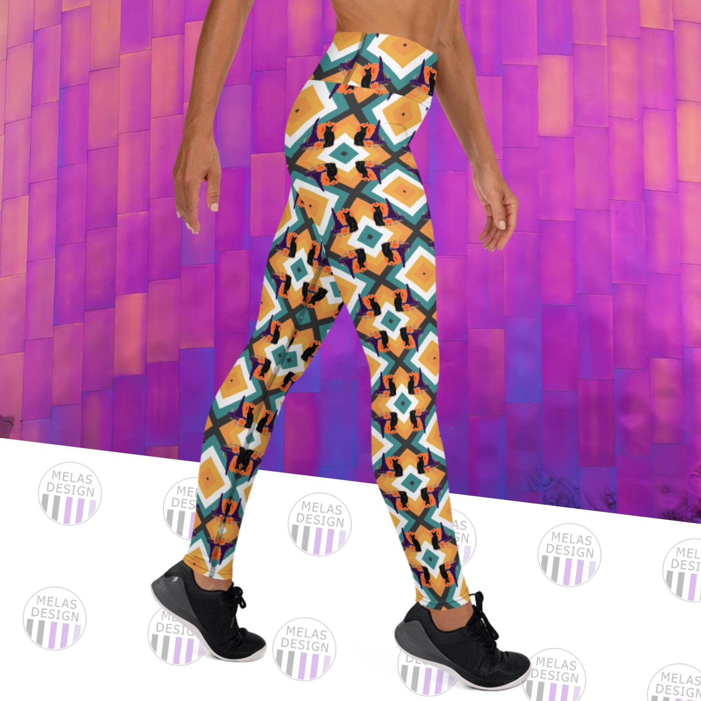 Witch Hat Cat Pumpkin Yoga Leggings; Halloween; yoga; leggings; Melasdesign; cute; not scary; colorful; Halloween colors; for trick-or-treating; adult
