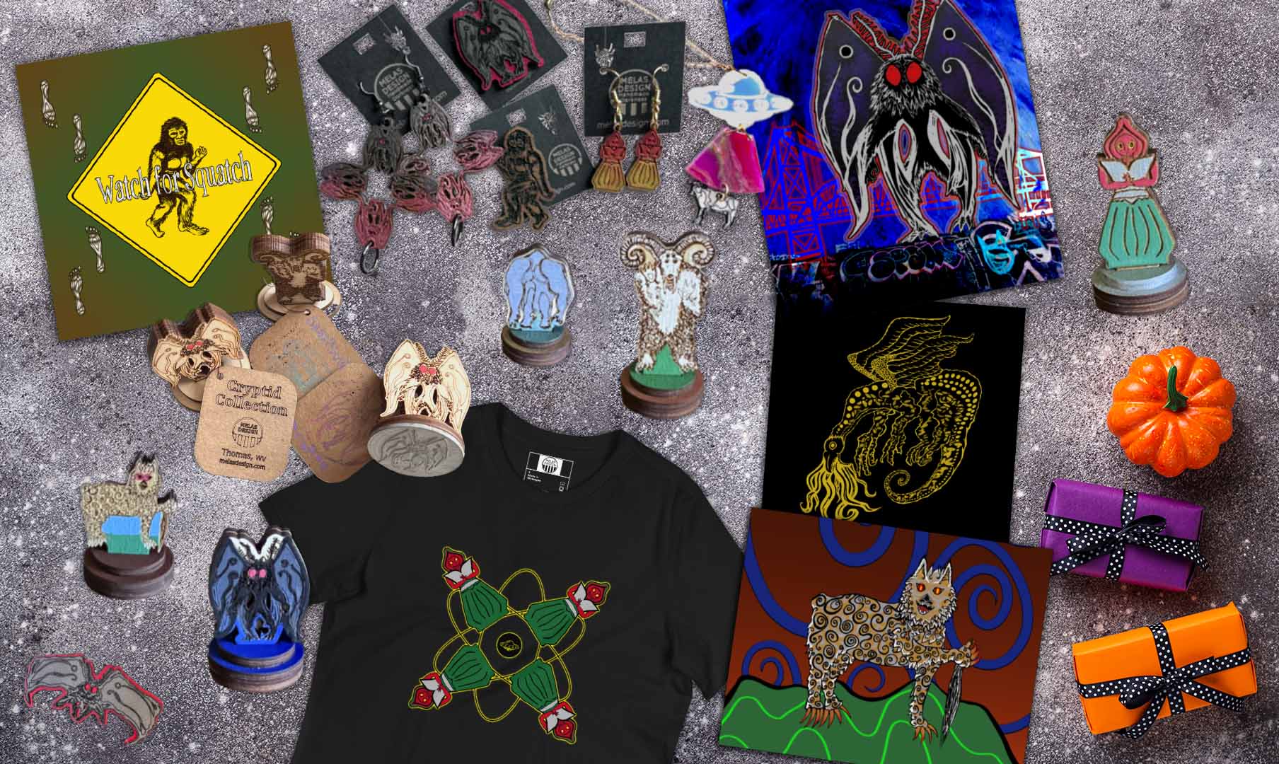 Cryptid Collection; Melasdesign; WV cryptids; cryptid core; gift ideas; gifts; posters; jewelry; figurines; t-shirts; barrettes; pins; artist Susan Hicks; Thomas WV; bigfoot; Flatwoods Monster; Sheepsquatch; Taily-Po; Grafton Monster; Mothman