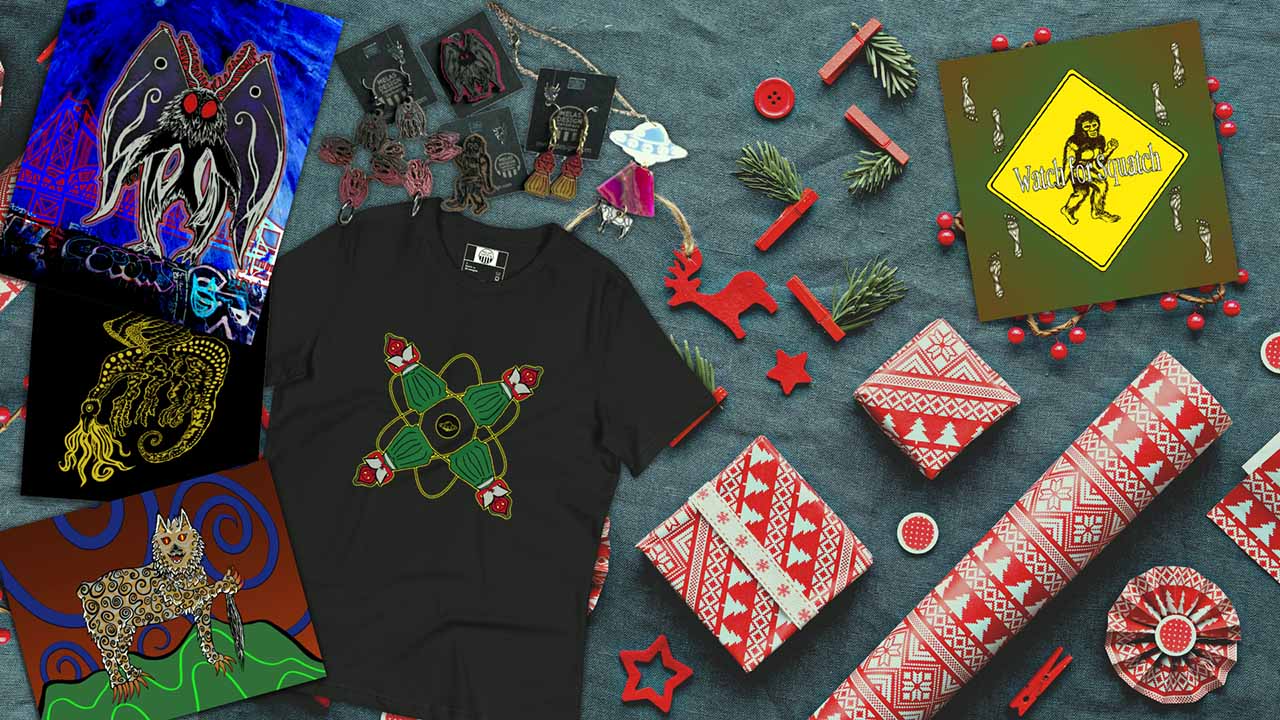 Cryptid Collection; Melasdesign; WV cryptids; cryptid core; gift ideas; gifts; posters; jewelry; figurines; t-shirts; barrettes; pins; artist Susan Hicks; Thomas WV; bigfoot; Flatwoods Monster; Sheepsquatch; Taily-Po; Grafton Monster; Mothman