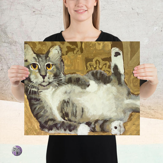Risque Tabby Cat Pet Portrait Art Print Painting; pet portrait; art print; sold by artist; Melasdesign; grey tabby cat; painting