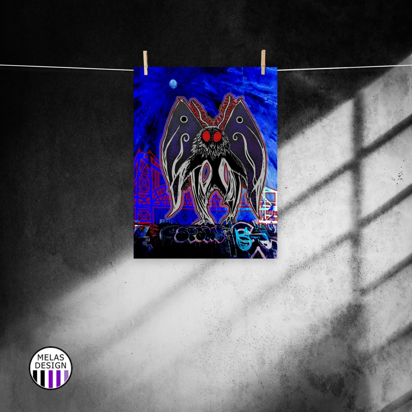 mothman; art; digital; Melasdesign; drawing; bunker; cryptid; cryptids; West Virginia; Point Pleasant; art print; poster; bridge; graffiti