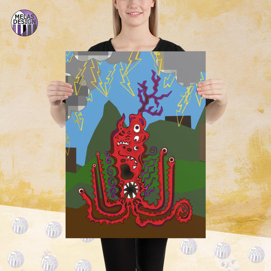 Stormy Red Monster; Art Print; Cryptid; by Mela; Melasdesign; sold by artist; cute; manga; horned monster with many mouths and sharp teeth and tentacles with eyes under thunderstorm