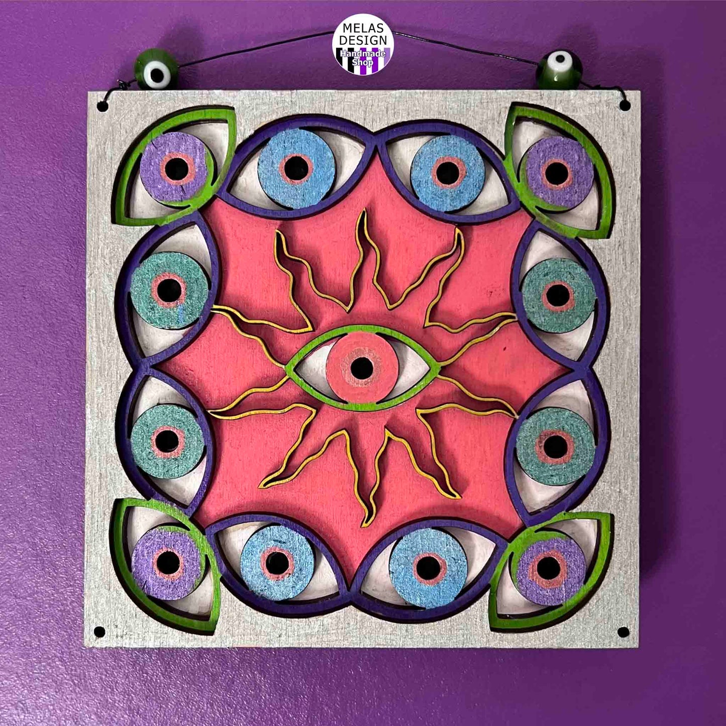 Melas One of a Kind Trippy Witchy Sun and Eyes Metallic Layered Wood Wall Art; eyes; sun; wall art; hanging; small format; eye mandala; colorful; metallics; metallic; artist Susan Hicks; Melasdesign Handmade; Thomas, WV; alternative; art; original; all-seeing eye