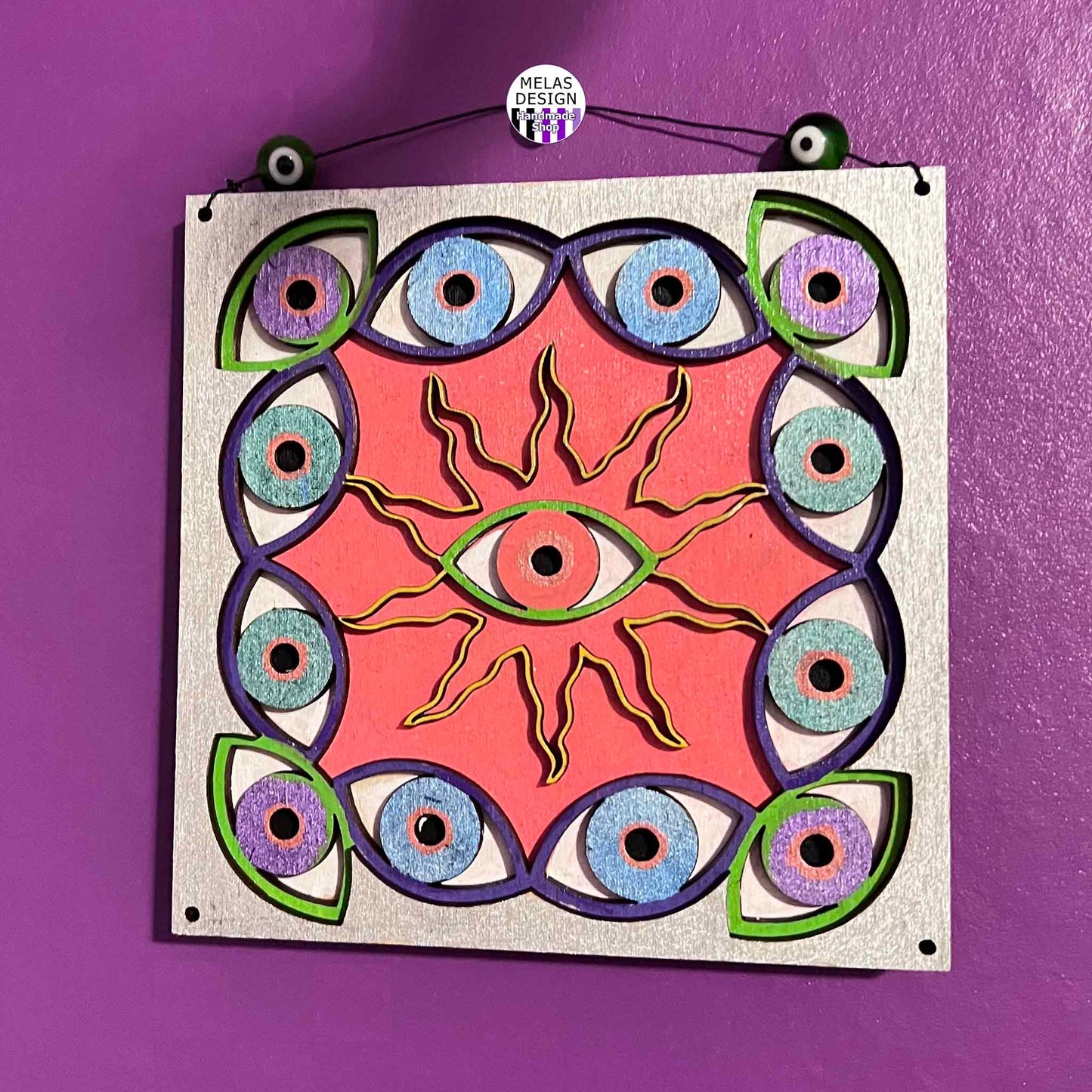 Trippy Witchy Sun and Eyes Mandala Art in Wood