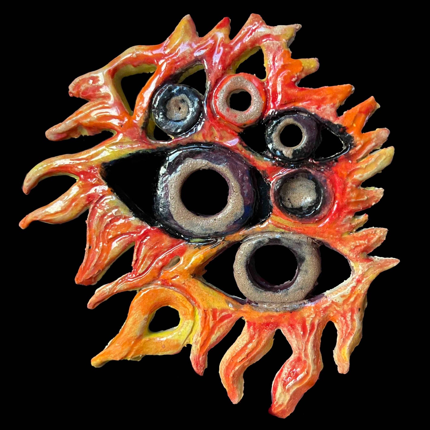 Melas Fiery October Eyes Ceramic Art for Walls; Melasdesign Handmade; ceramic; clay; art; wall art; decor accent; witchy; alternative; trippy; eye; one-of-a-kind; thomas wv; small; wall art