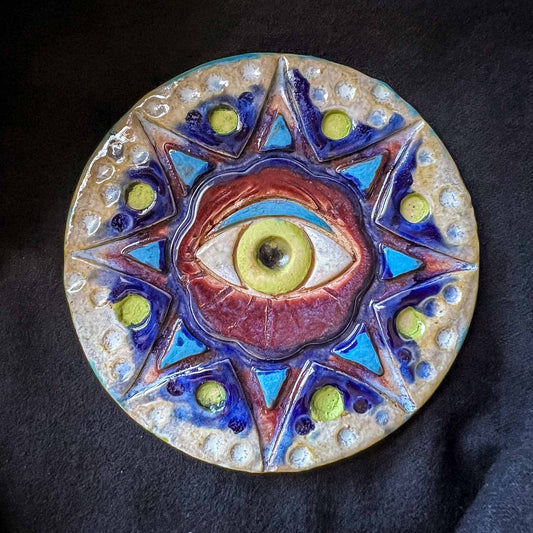 Melas Ceramic Green Eye Mandala Blue Points; ceramic; eye; art; menadala; Melasdesign Handmade; chartreuse; small; wall art; Thomas, WV; sold by artist; one-of-a-kind