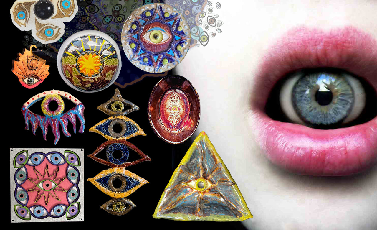 Mela's Eye Collection; eye art; abstract; ceramic; hanging; layered wood; wall art; Melasdesign Handmade; evil eye; illuminati; hamsa Thomas, WV