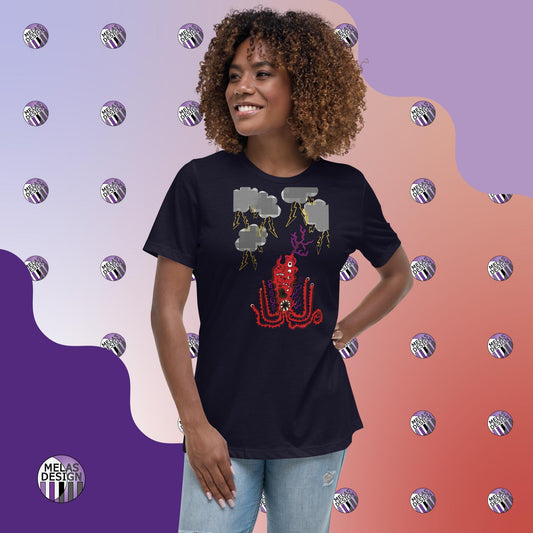 Stormy Red Monster; Cryptid; Women's; Relaxed T-Shirt; Melasdesign; cute; monster; tentacles; many eyes; sharp teeth; storm clouds; cartoon style; anime style; alternative fashion; funny; S-3XL; sold by artist