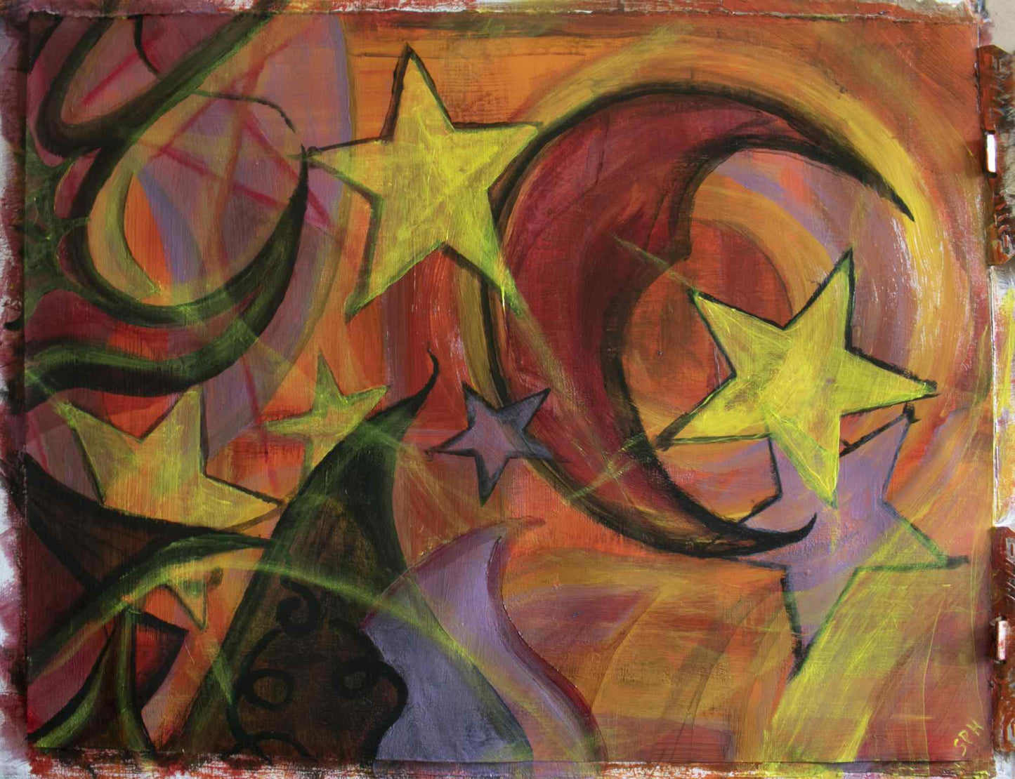 Autumn Moon and Stars; original painting; seasonal Fall art; Melasdesign Handmade Shop; artist Susan Hicks