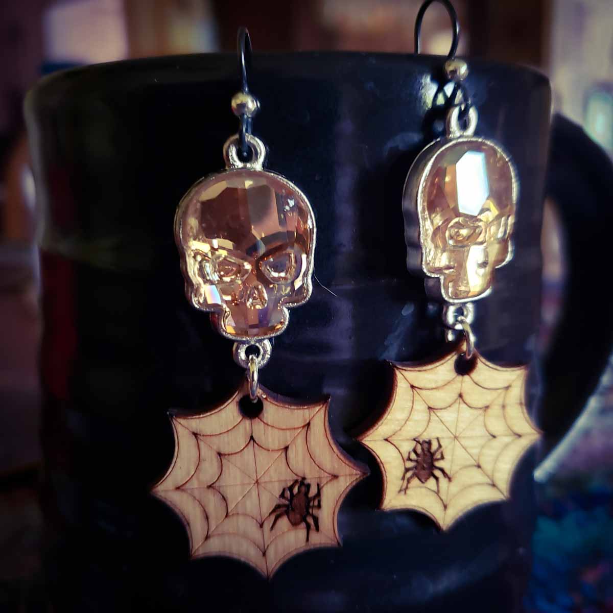 goth jewelry; thomas wv; crystal skull earrings; spooky jewelry