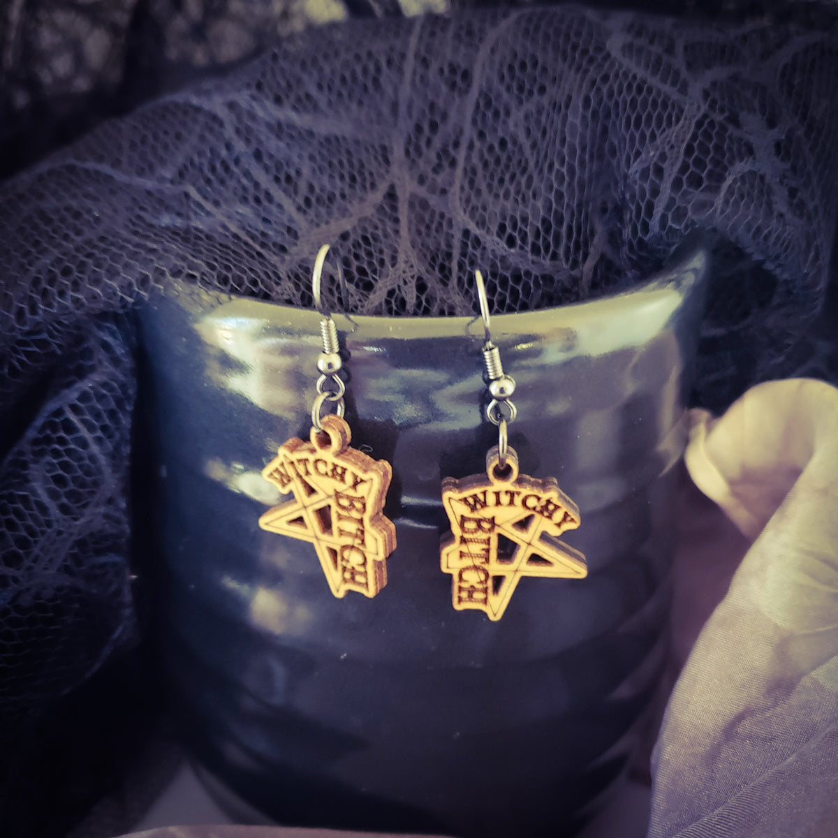 witchy bitch earrings; alley bitch earrings;  pentagram earrings; Melasdesign Handmade Darkness; witchy jewelry; gift for witches