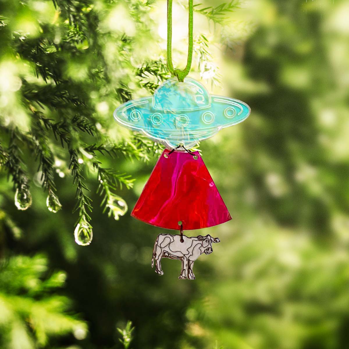 UFO Cow Abduction Ornament; UFO Cow Abduction Charm; Melasdesign Handmade Darkness; sci-fi gift idea; funny gift; alternative ornaments; Melasdesign Handmade; Thomas WV; shop small; shop local