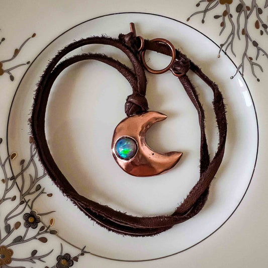 Crescent Moon Charm in Copper with Pink Lady Cultured Opal
