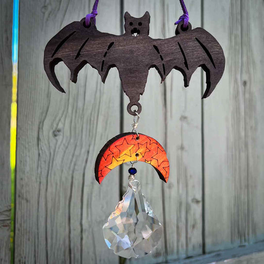 Bat Moon Suncatcher Hanging Decor; bat suncatcher; Halloween; suncatcher; decoration; home accent; Melasdesign Handmade Darkness; home decor; gothic; witchy; bats