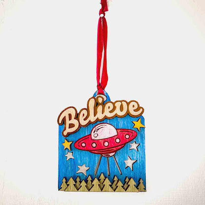 Believe UFO Holiday Hanging Decor Ornament