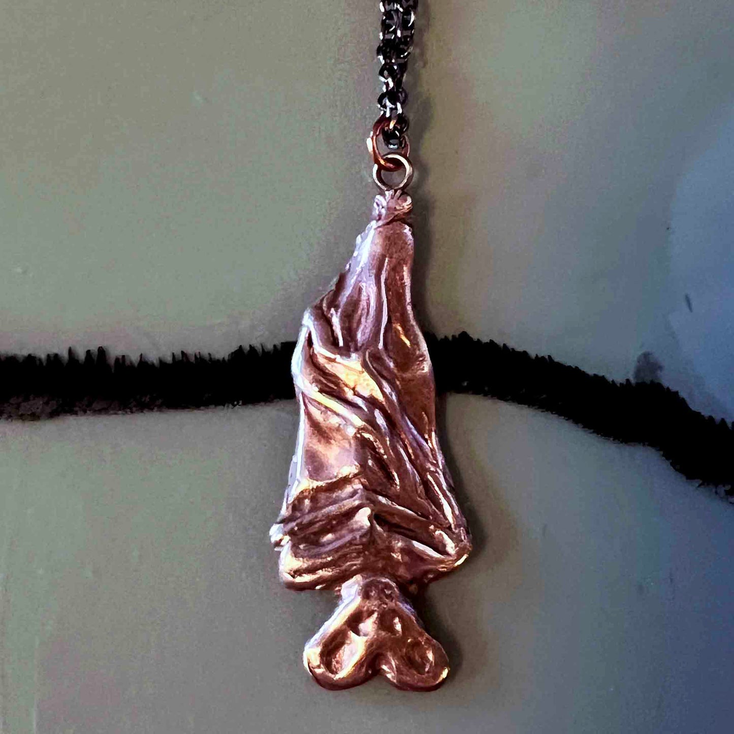 hanging bat pendant; copper; Melasdesign Handmade; gothic jewelry collection; alternative; Thomas WV; bat jewelry; Halloween; gothic; necklace;