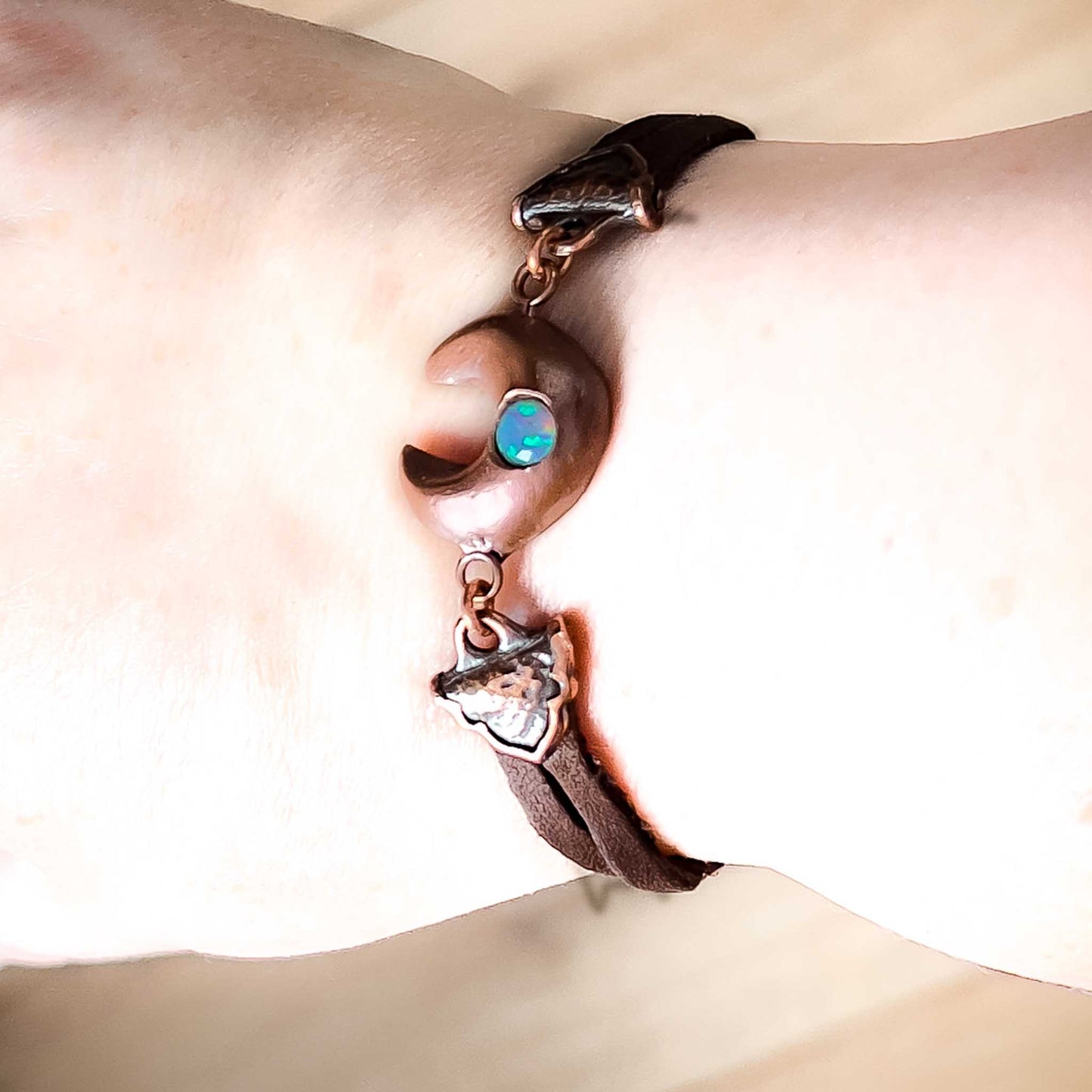 Crescent Moon Amulet Bracelet in Copper with Cultured Pink Lady Opal; Melasdesign Handmade; charm; moon water; Thomas West Virginia; crescent moon bracelet;