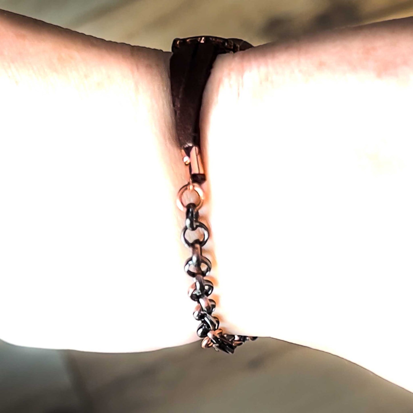 Crescent Moon Amulet Bracelet in Copper with Cultured Pink Lady Opal