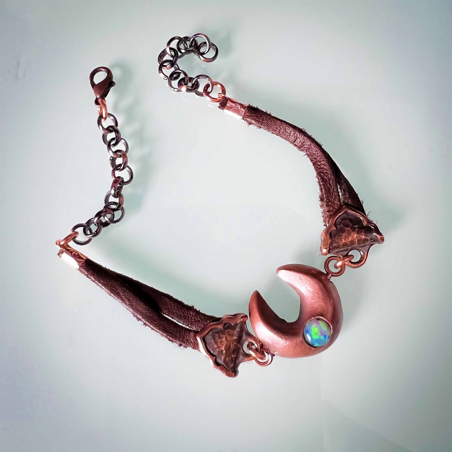 Crescent Moon Amulet Bracelet in Copper with Cultured Pink Lady Opal; Melasdesign Handmade; charm; moon water; Thomas West Virginia; crescent moon bracelet;