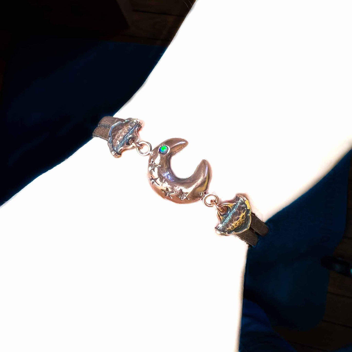Crescent Moon and Stars Amulet Bracelet in Copper with Accent Cultured Opal