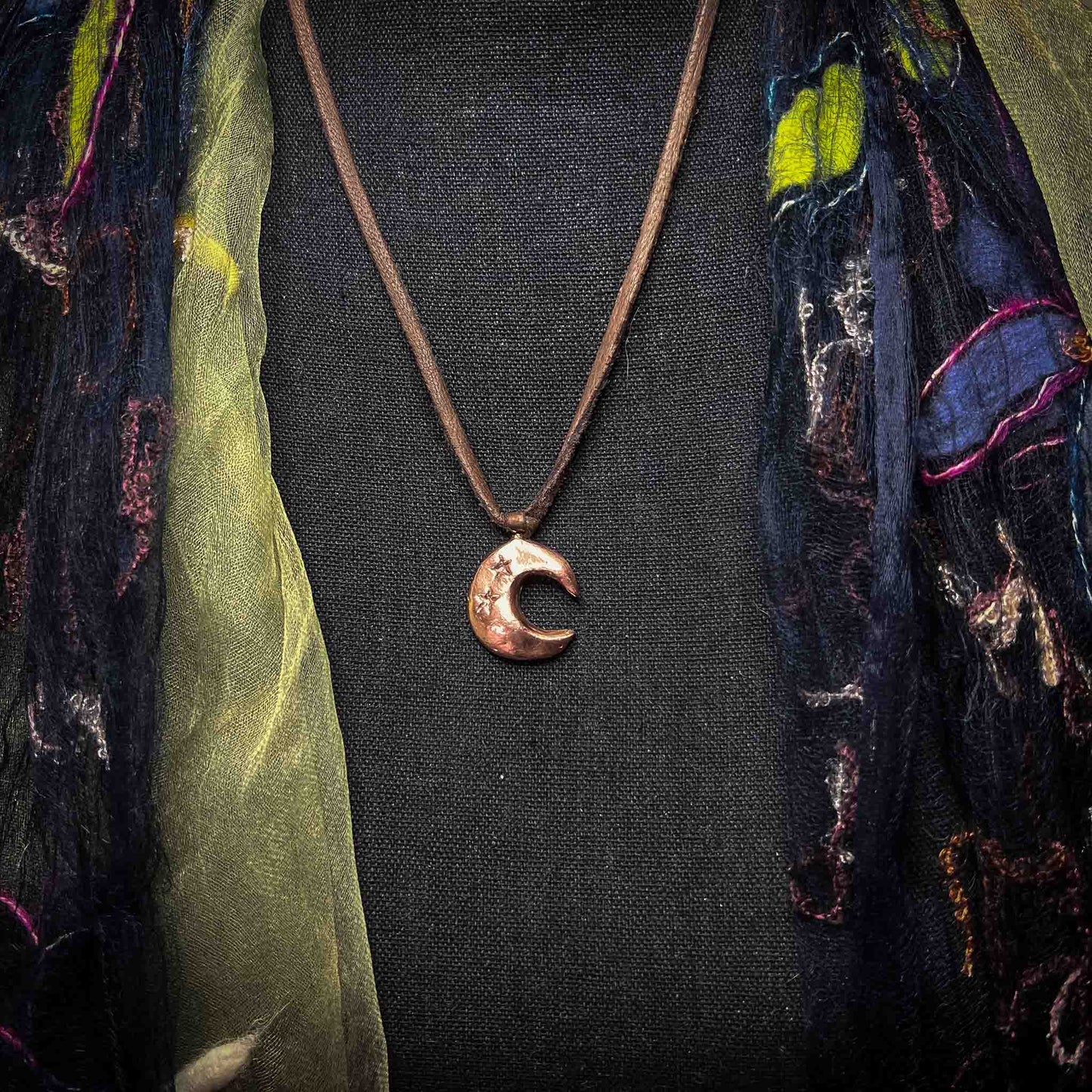 Small Crescent Moon Stars Pendant Waxing Charm Copper; Melasdesign Handmade; amulet; crescent moon; charged; one of a kind; pagan; alternative; necklace