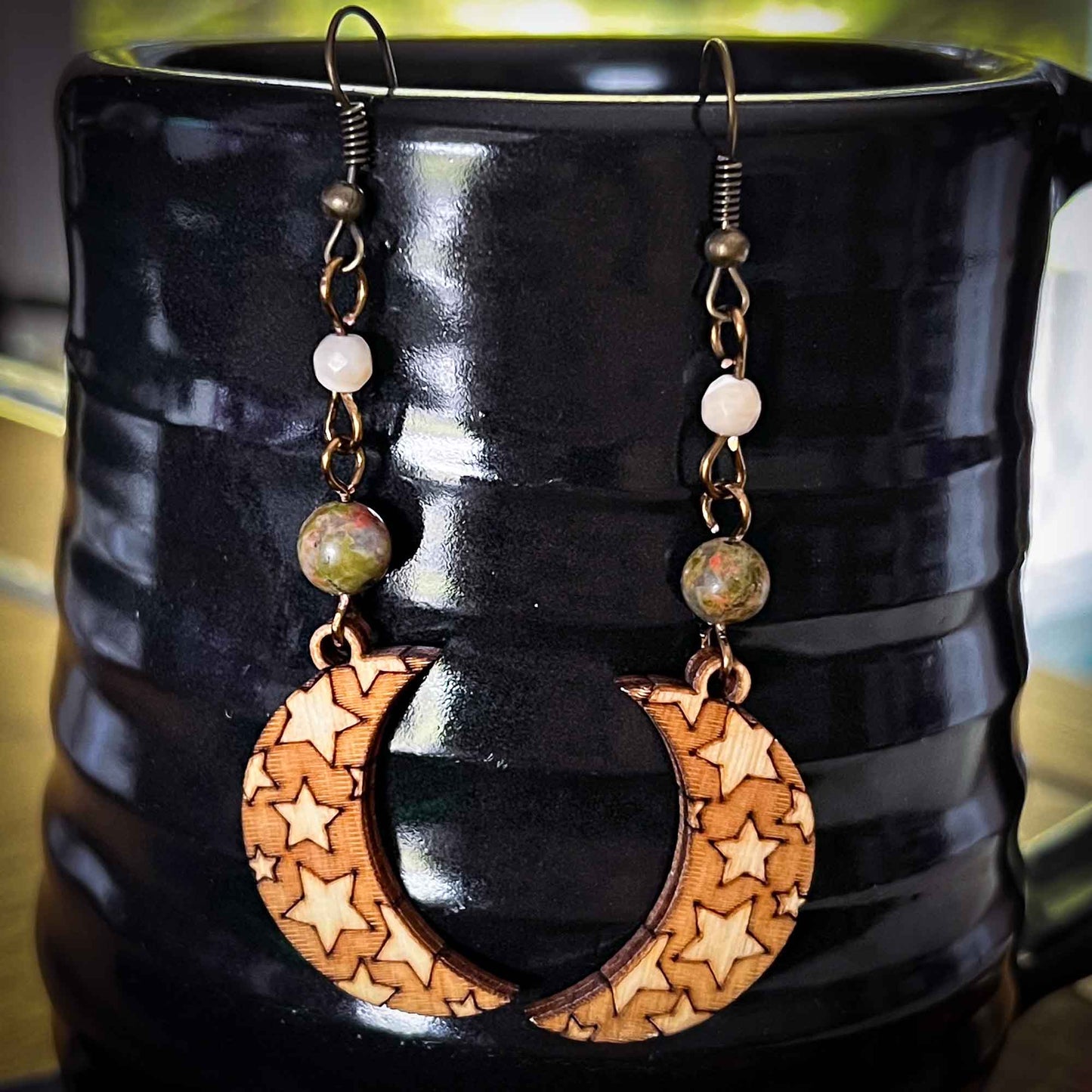 Crescent Moon with Stars Pattern Long Earrings; crescent moon jewelry; pagan jewelry; witchy jewelry; Melasdesign Handmade Shop; moon jewelry
