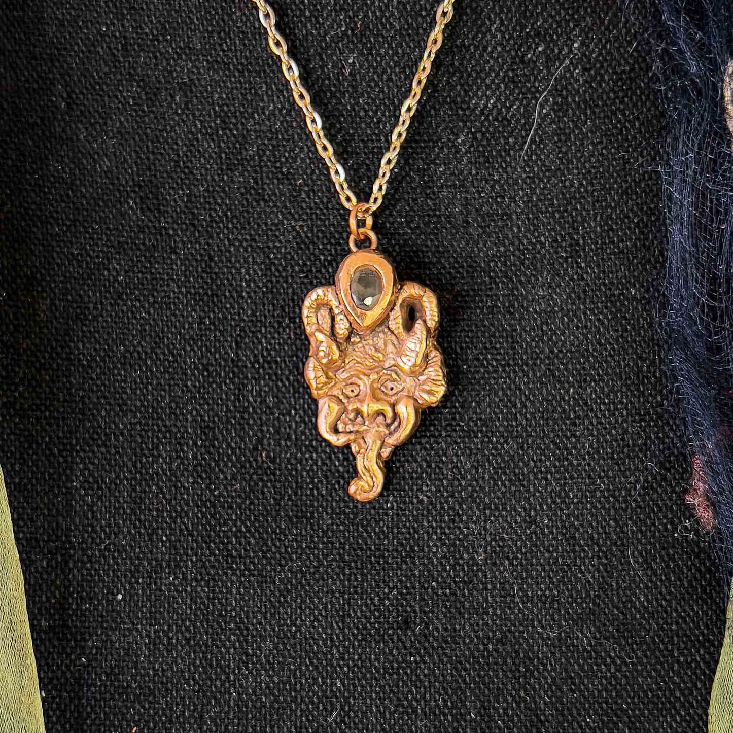 Krampus Pendant Handmade Sculpted Copper Oval Carbon Nano Gem
