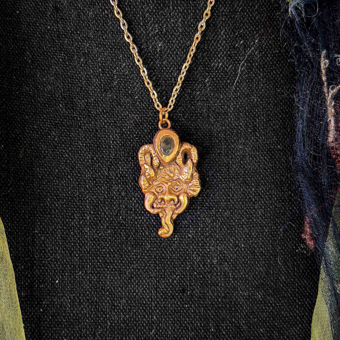 Krampus Pendant Handmade Sculpted Copper Oval Carbon Nano Gem; Krampus jewelry; one of a kind; Christmas; alternative; Melasdesign Handmade Shop; necklace; Thomas WV