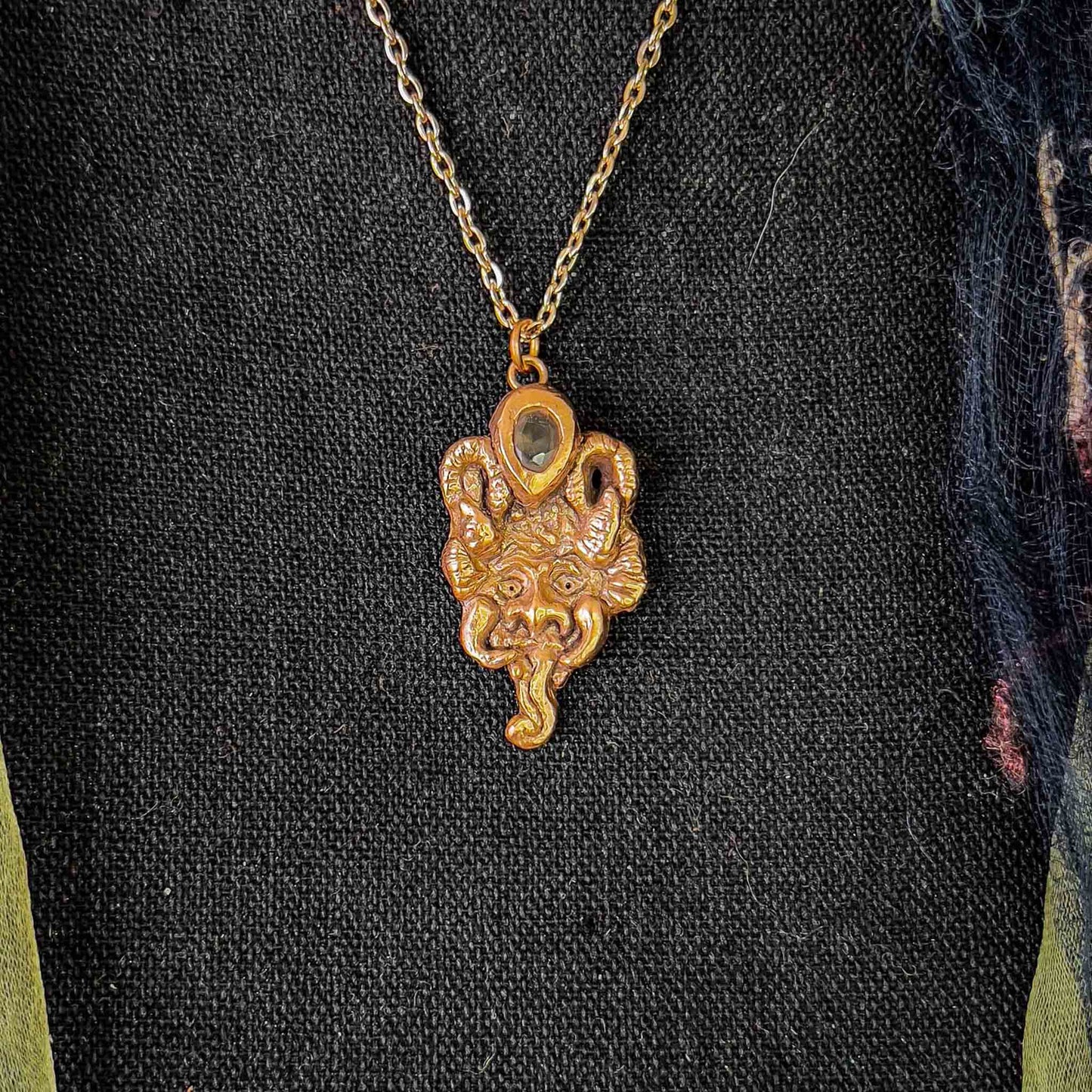 Krampus Pendant Handmade Sculpted Copper Oval Carbon Nano Gem; Krampus jewelry; one of a kind; Christmas; alternative; Melasdesign Handmade Shop; necklace; Thomas WV