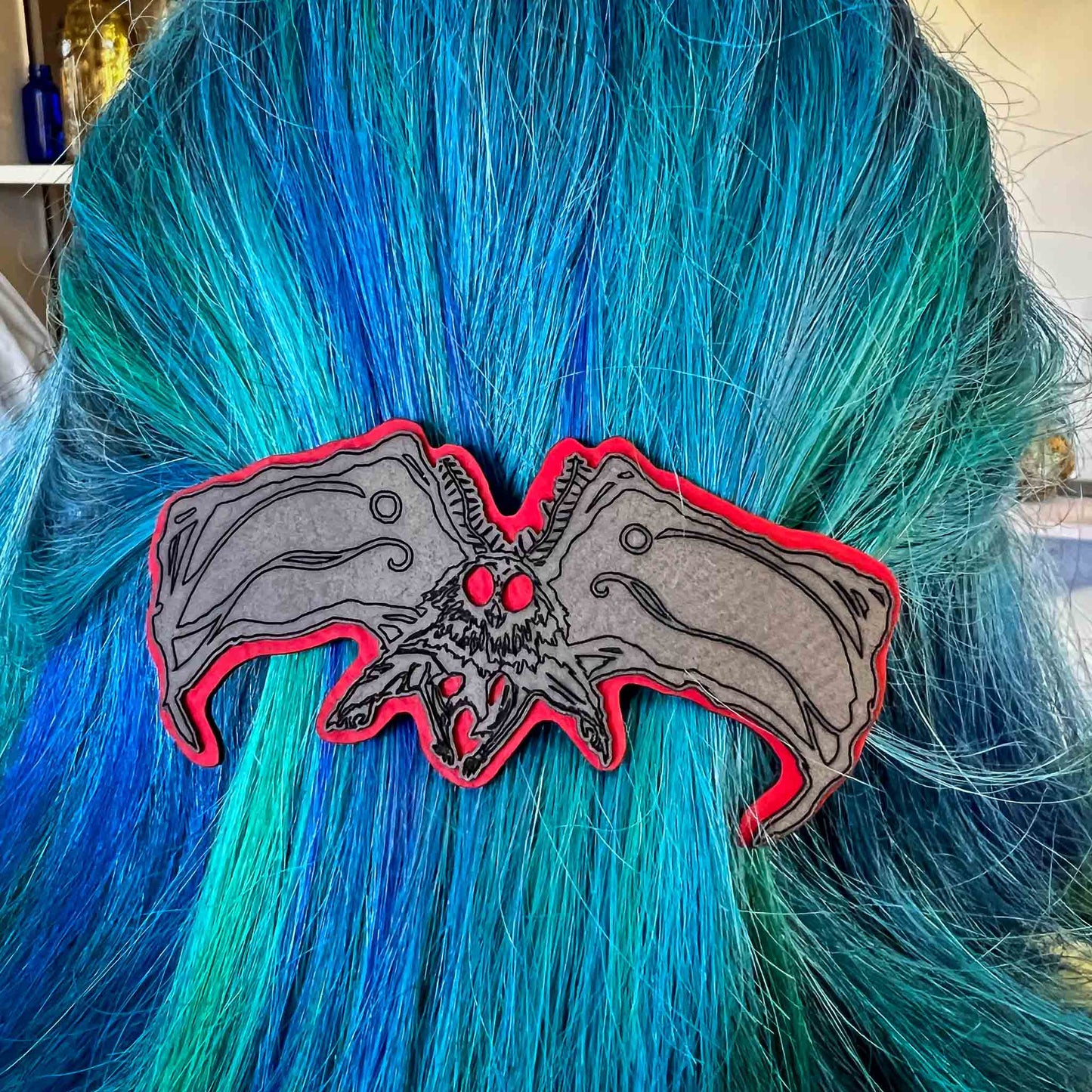 Mothman Barrette Gray Red Black French Style; large mothman barrette; Mothman hair accessories; Cryptid Collection; Melasdesign Handmade Shop; Thomas WV; flying; Mothman; monster; Cryptid