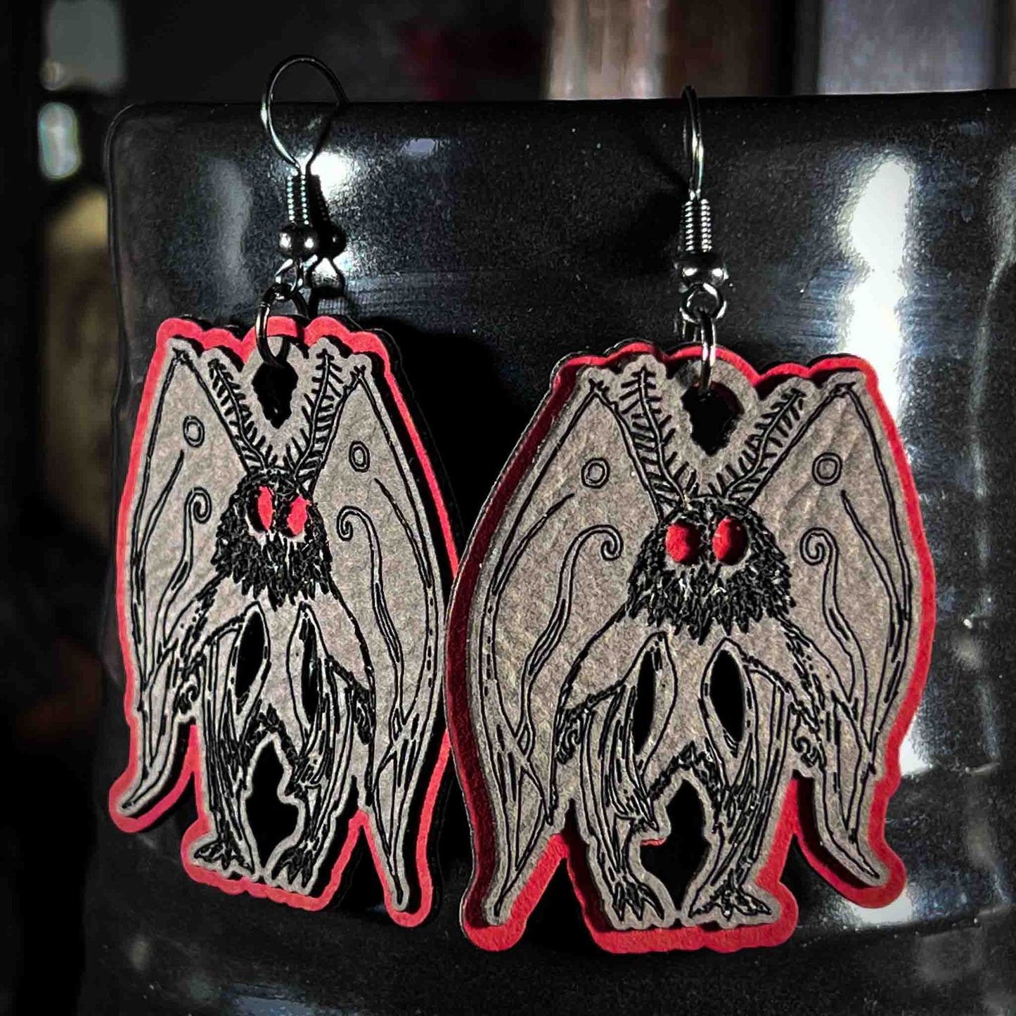 Mothman Cryptid Earrings in Slate and Red; mothman; jewelry; earrings; cryptid collection; Melasdesign Handmade; west virginia; cryptids; folklore; monster; small business; cryptid core