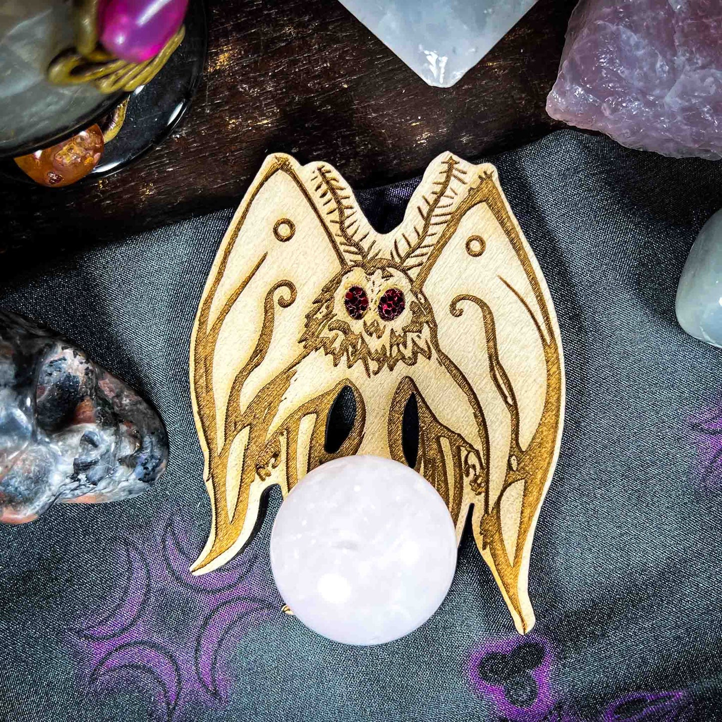 Mothman; crystal sphere holder; Melasdesign Handmade; crystal ball stand; Thomas WV; small business; Cryptid Collection; Home Decor Accent; red eyes