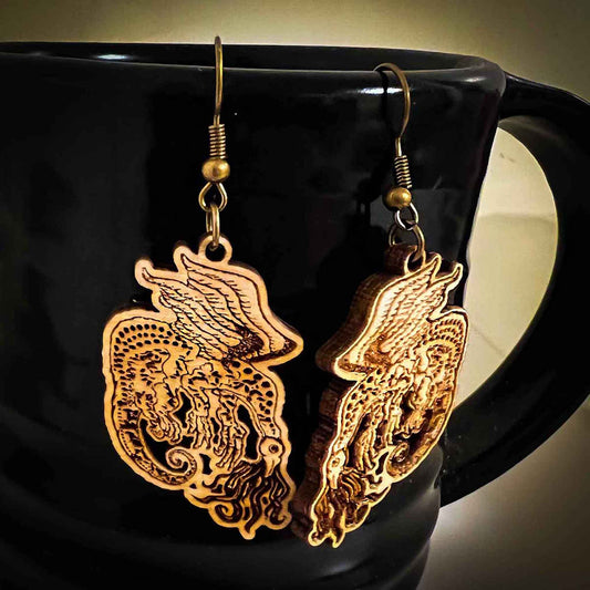 Snallygaster Cryptid Earrings; Melasdesign Handmade Darkness; Cryptid Collection; jewelry; fashion accessories; birch wood; Thomas WV; monster; folklore; West Virginia Cryptids