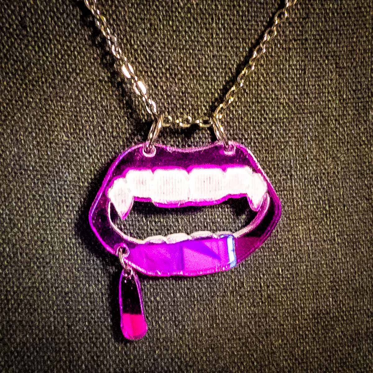 Vampire Mouth Necklace Dripping Purple; vampire; purple mouth; pendant; necklace; jewelry; fangs; gothic; goth; Melasdesign Handmade Darkness; Thomas WV;