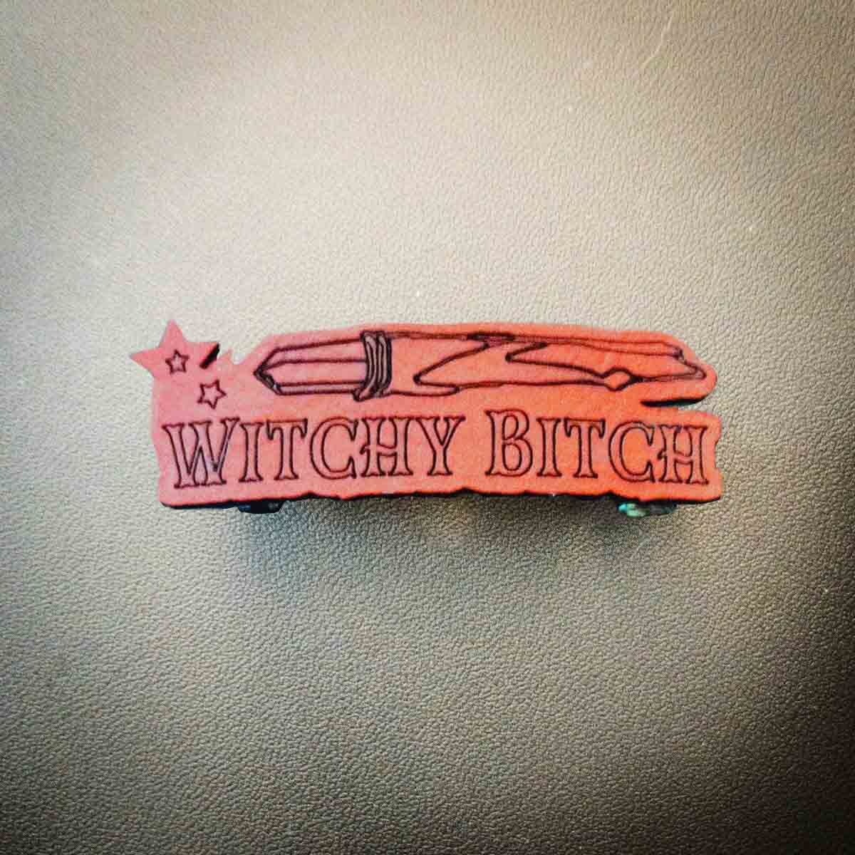 witchy bitch barrette; medium; Melasdesign; red black; text; hair accessories; thick hair; goth; gothic; pagan