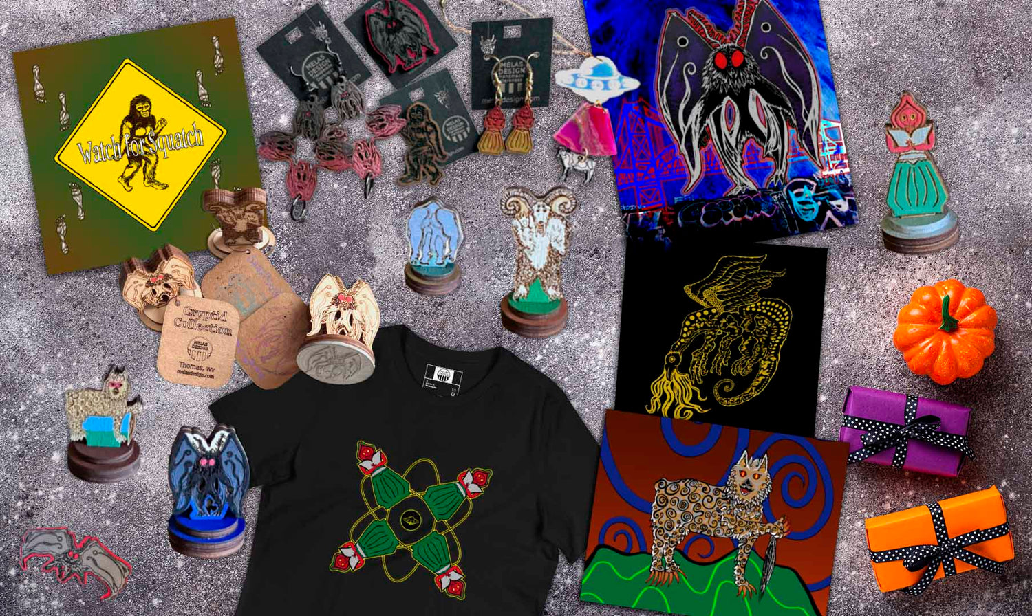 Cryptid Collection; Melasdesign Handmade Shop; jewelry; home decor accents; hair accessories; Mothman; Snallygaster; Braxie; Flatwoods Monster; Bigfoot; Sasquatch; West Virginia cryptids