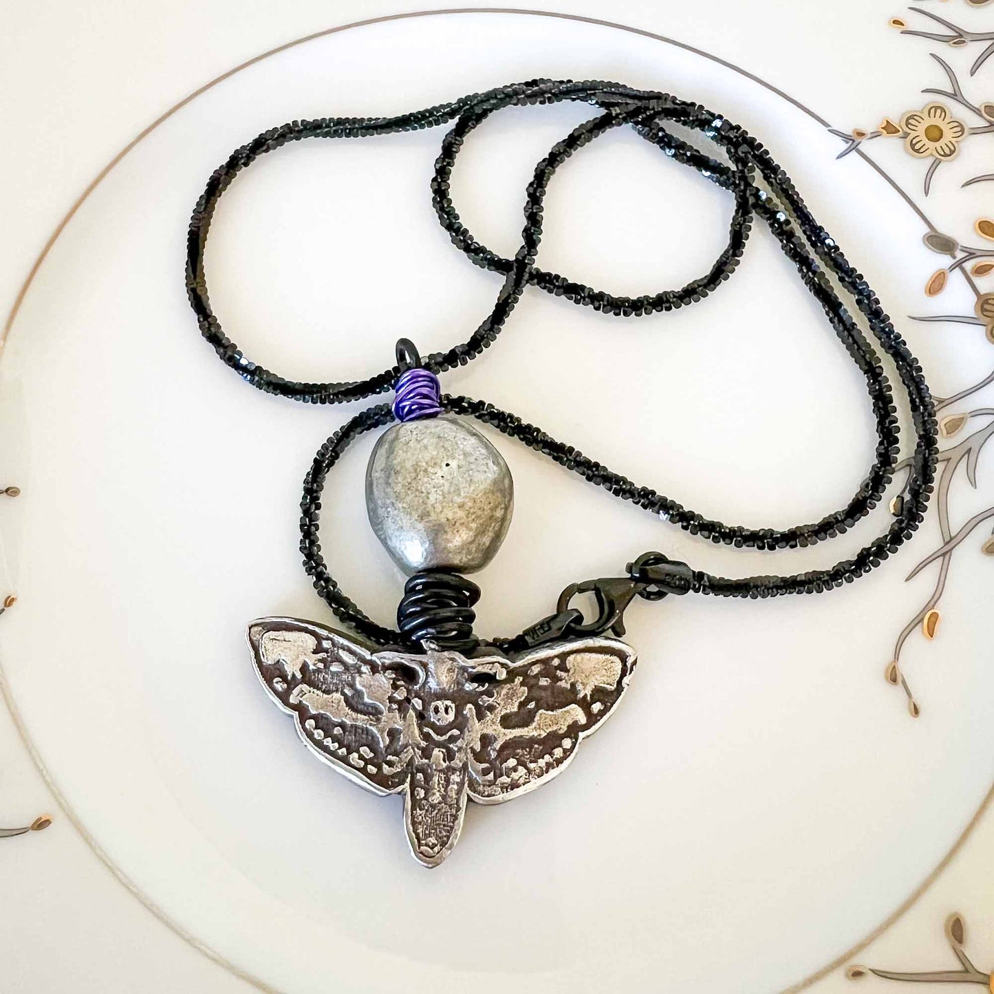 Exquisite; White Copper Gothic Deaths Head Moth Necklace Black Purple Accents