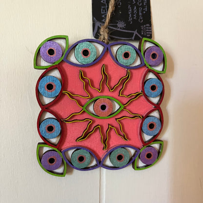 Trippy Witchy Sun and Eyes Mandala Art in Wood