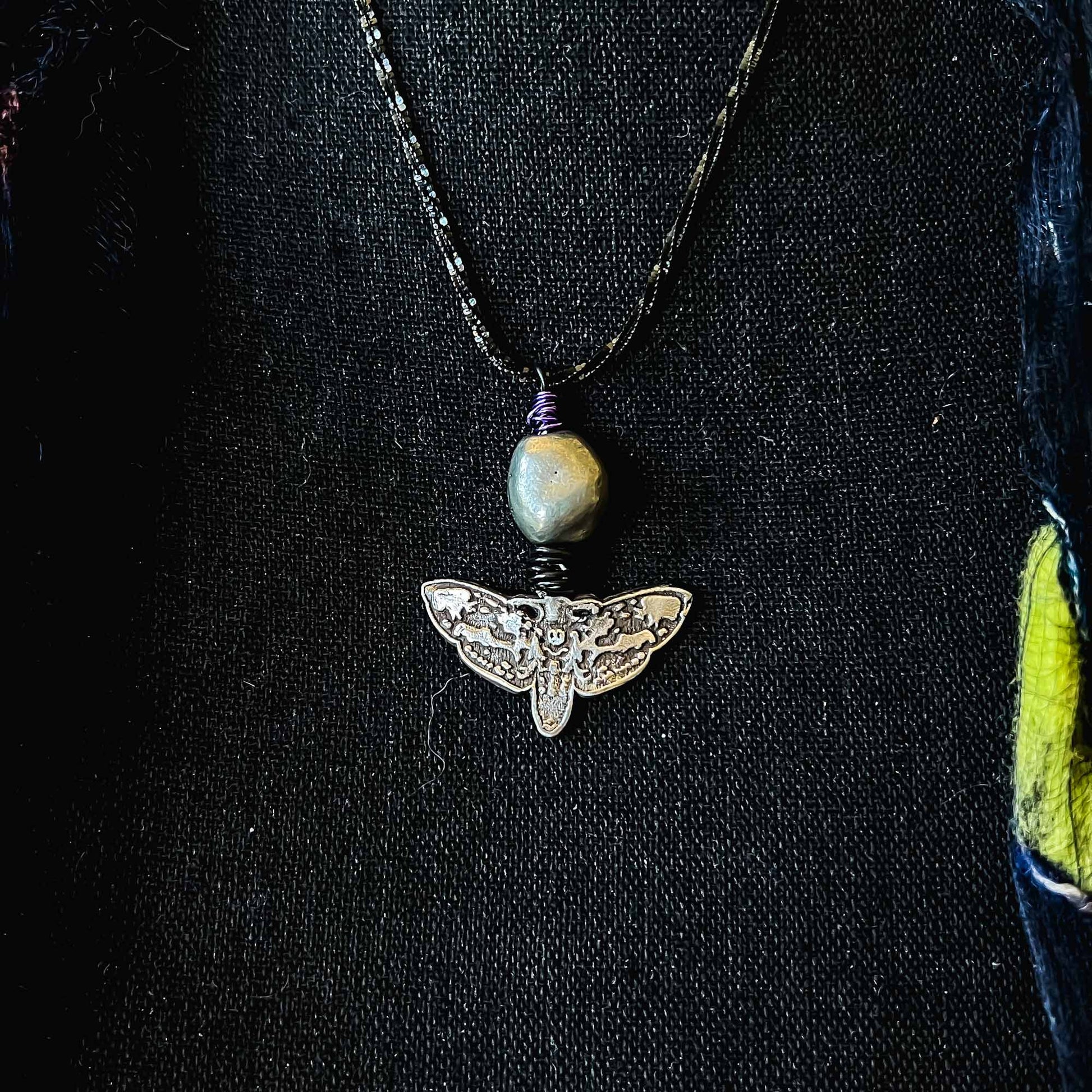 Exquisite; White Copper Gothic Deaths Head Moth Necklace Black Purple Accents