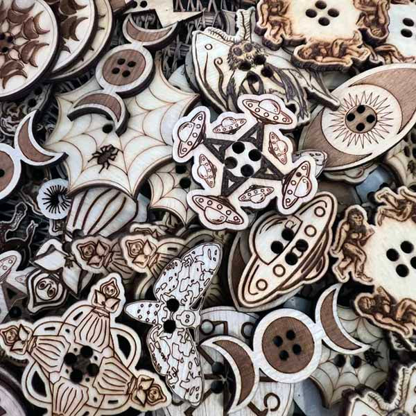 buttons; notions; Melasdesign; Melasdesign Handmade; DIY components; goth buttons; novelty buttons; witchy; pagan; cryptid; UFO;  for sewing; for knitting; for crochet; for DIY projects