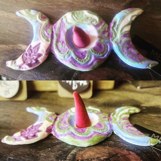 Ceramic Purple Floral Triple Moon Incense Holder; witchy; witch; workings; tools; incense holder; moon phase; Melasdesign Handmade; ceramic; one if a kind; Thomas WV