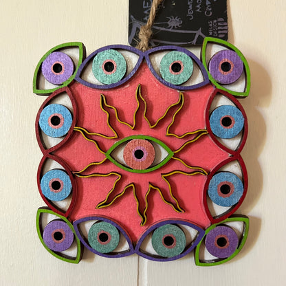 Trippy Witchy Sun and Eyes Mandala Art in Wood