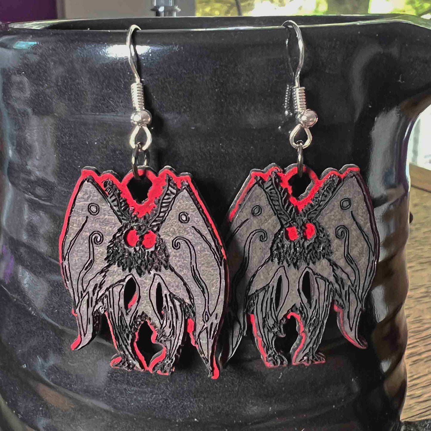Mothman Cryptid Earrings in Slate and Red