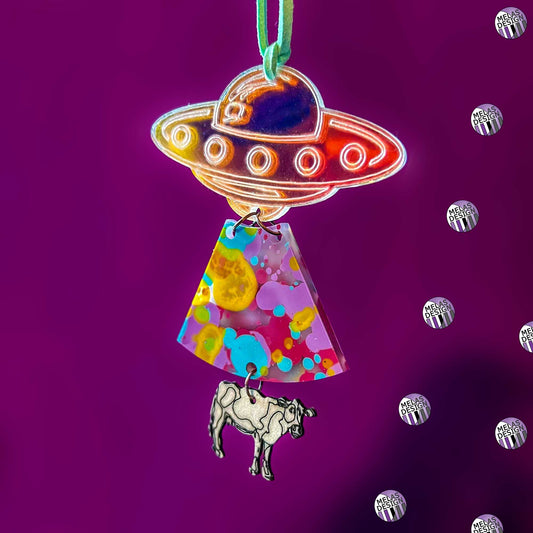 UFO Cow Abduction; Hanging Decor; Ornament; Bubble Rays; Rear view mirror ornament; tree ornament; sci-fi ornament; shown from right