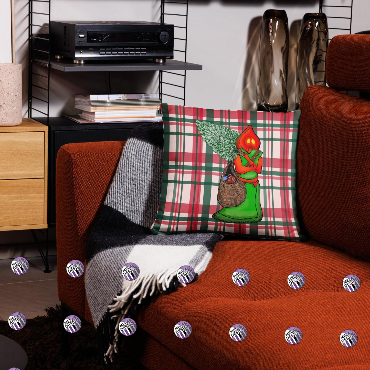 Cryptid Santa Flatwoods Monster Throw Pillow Plaid; 18x18; Melasdesign