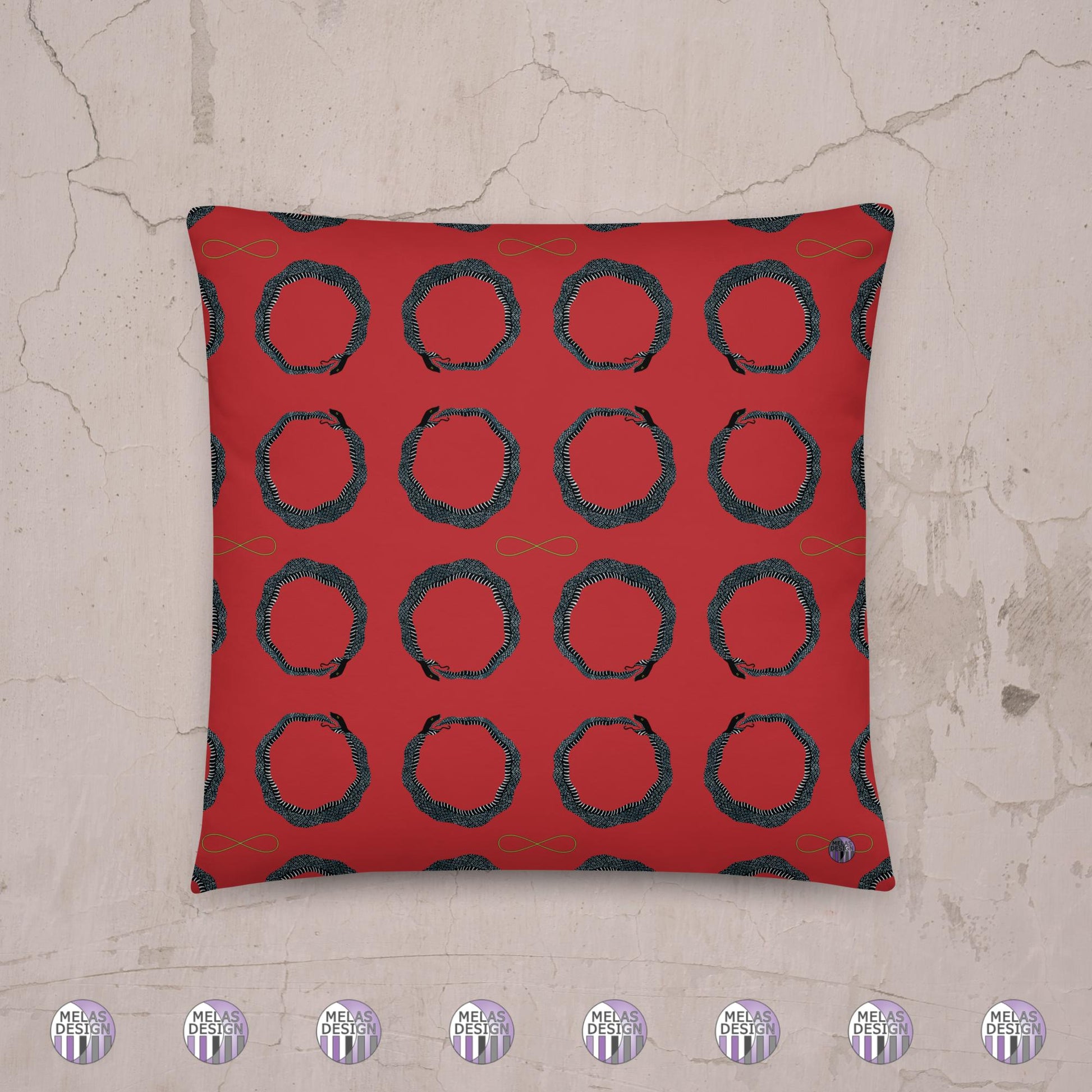 Ouroboros Infinity Throw Pillow Red Black; back; 18x18