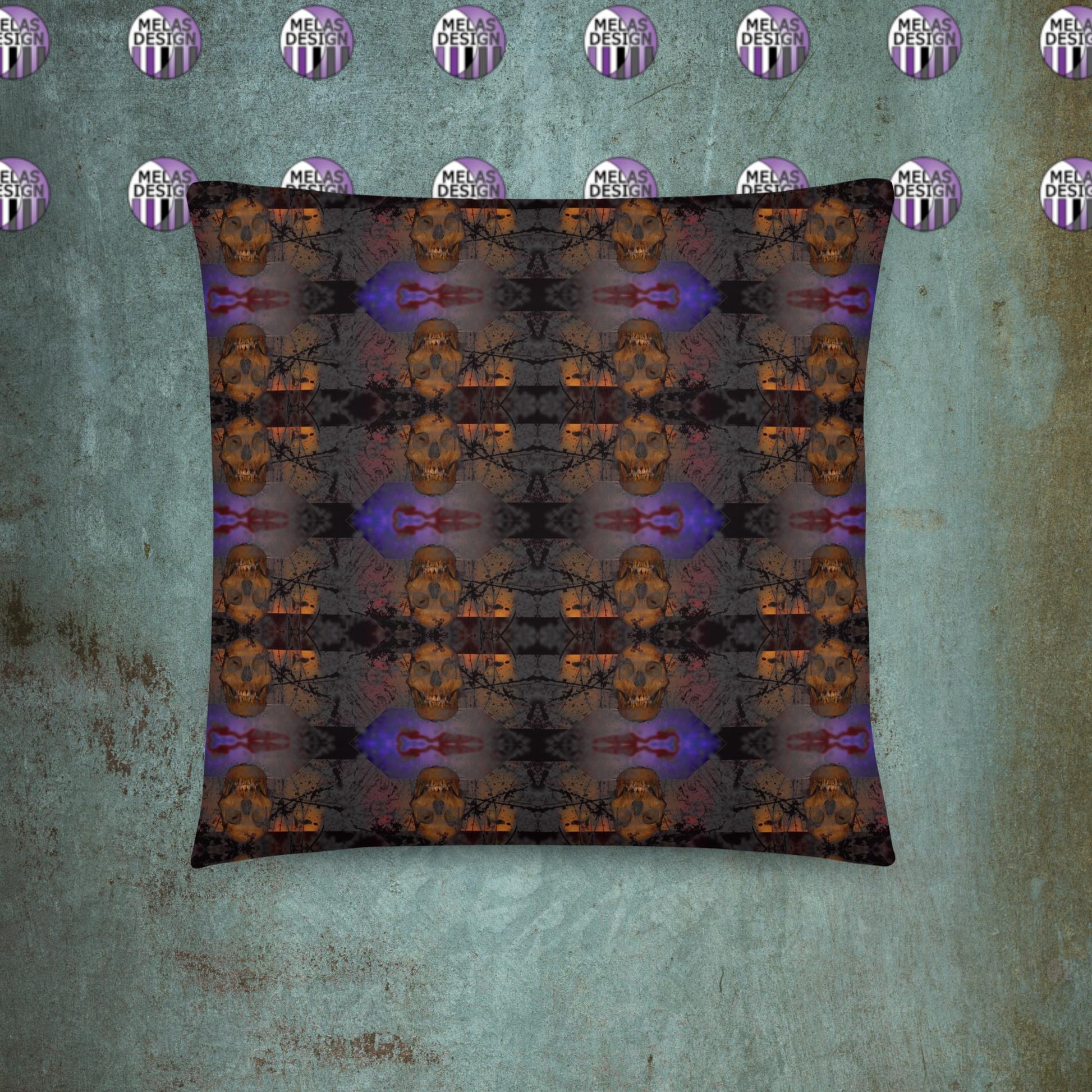 Grave Dirt Brown; Paris Catacomb Skulls Pillow; Black Purple; 18x18; square