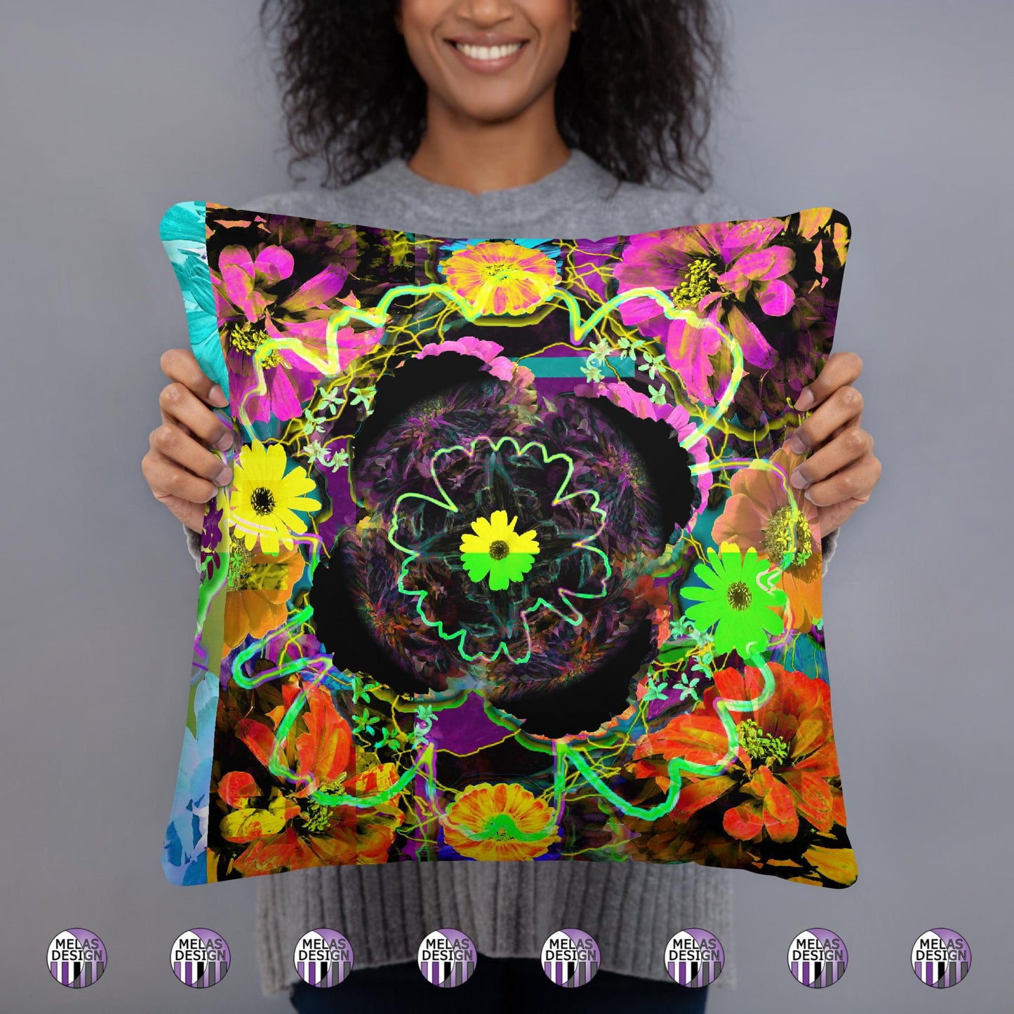 Color Joy Flower Power Throw Pillow v3; model holding Product mockup; 18x18; front