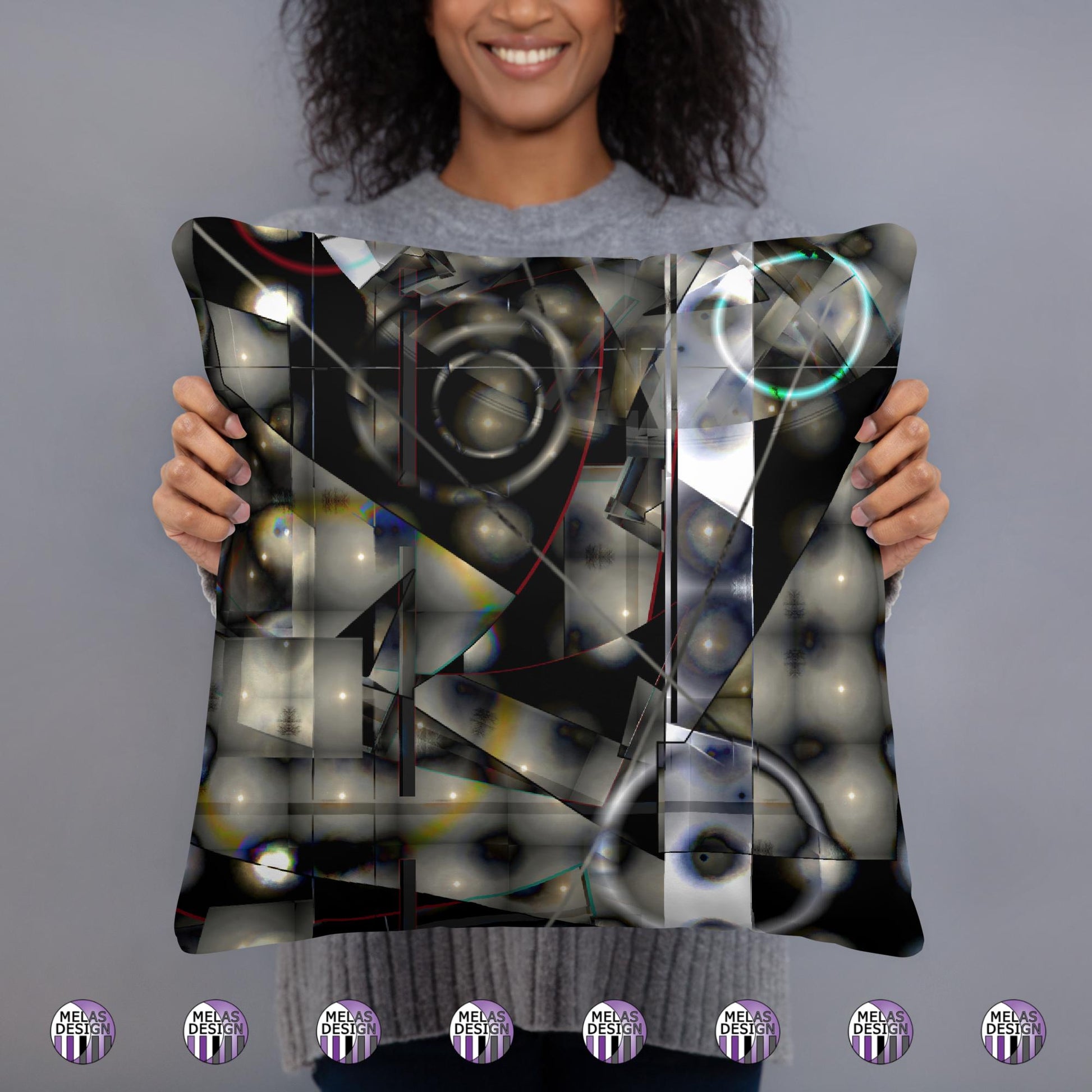 Cold Moon Yule Meditation Basic Pillow Abstract; 18x18; front; Product mockup as held by model with Melasdesign logos; 